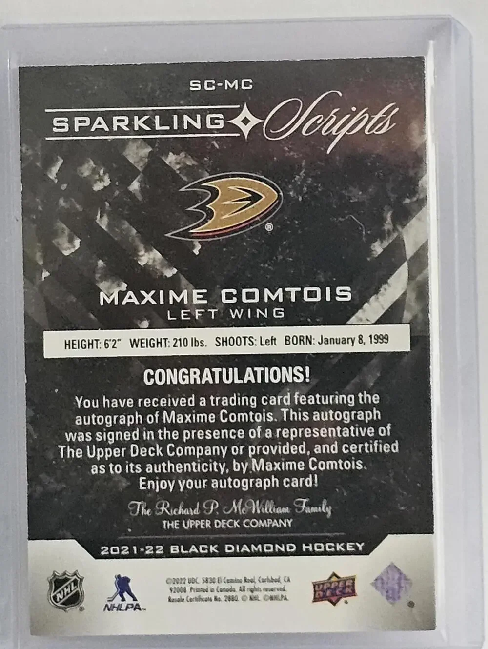 Maxime Comtois Signed Black Diamond Hockey Card - Sparkling Scripts